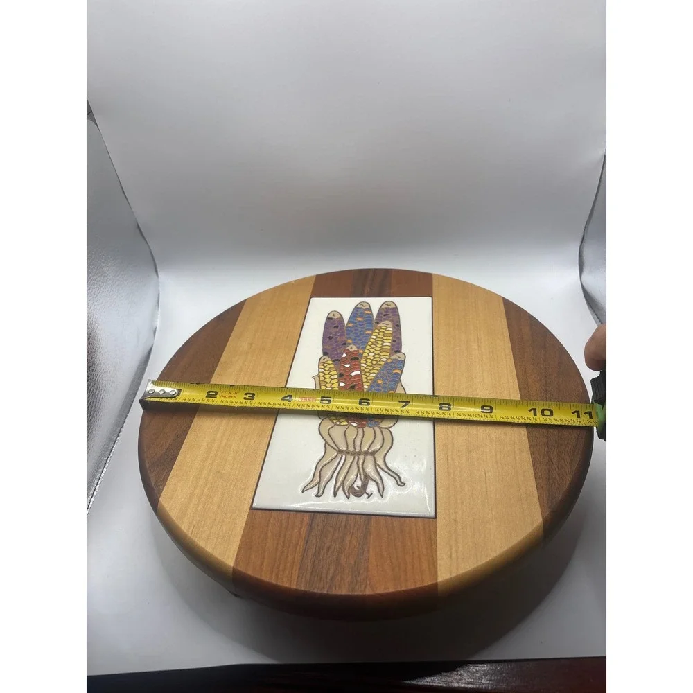 Tecolote Tiles Wood Lazy Susan Indian Corn Ceramic Inlay Rotating Serving Tray